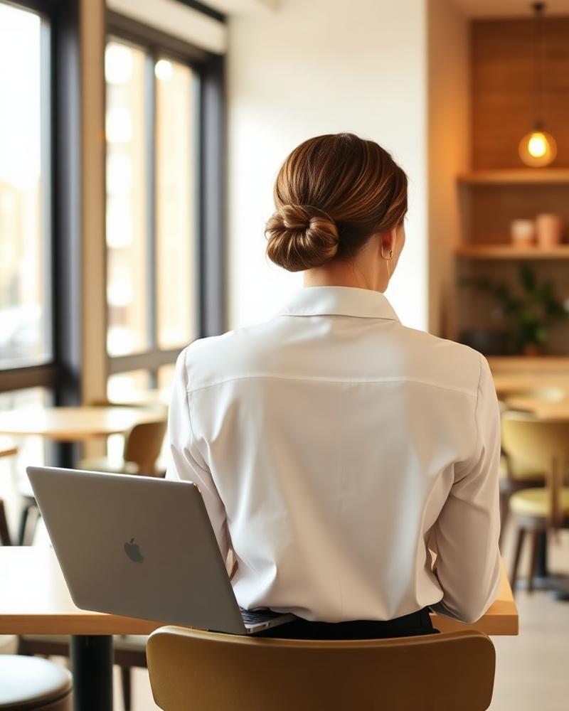 Femme travaillant en café